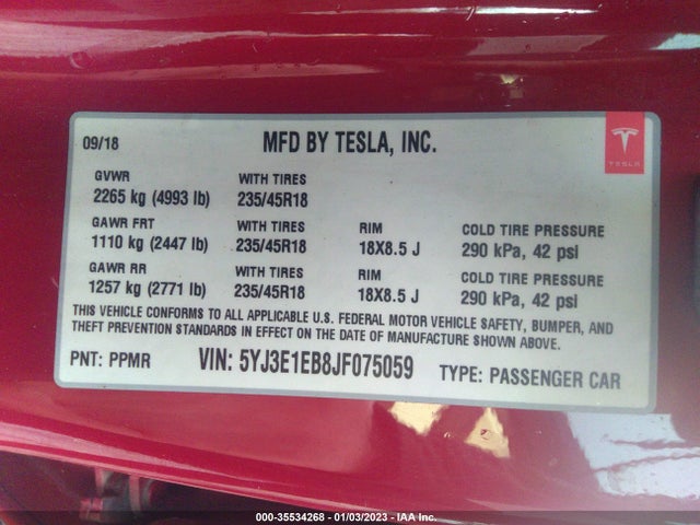 Tesla Model 3 Long Range 2018 5YJ3E1EB8JF075059 Image 11