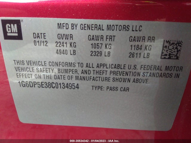2012 CADILLAC CTS SEDAN PREMIUM VIN: 1G6DP5E38C0134954