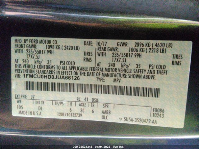 1FMCU0HD0JUA66126 Ford ESCAPE SEL