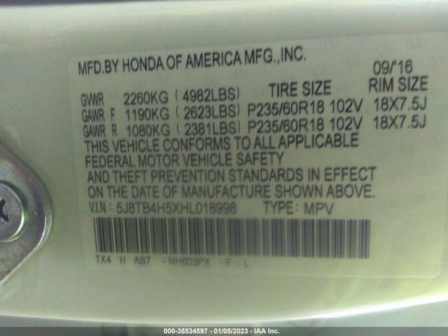2017 Acura RDX, VIN: 5J8TB4H5XHL018998