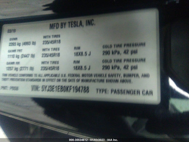 Tesla Model 3 Long Range/performance 2019 5YJ3E1EB0KF194788 Image 9