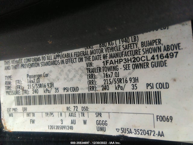 2012 FORD FOCUS SEL VIN: 1FAHP3H20CL416497