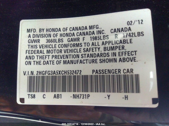 2012 HONDA CIVIC CPE LX VIN: 2HGFG3A5XCH532472