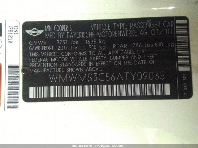 2010 MINI COOPER CONVERTIBLE S VIN: WMWMS3C56ATY09035