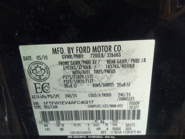 2010 FORD F-150 XL/XLT/FX4/LARIAT VIN: 1FTFW1EV4AFC40217