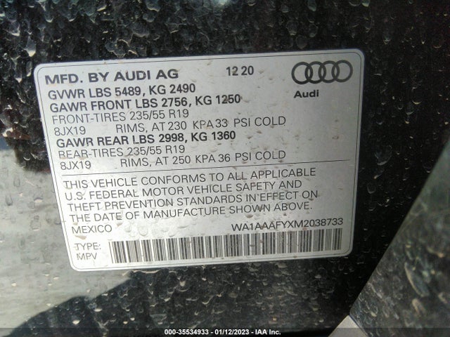 2021 Audi Q5, VIN: WA1AAAFYXM2038733
