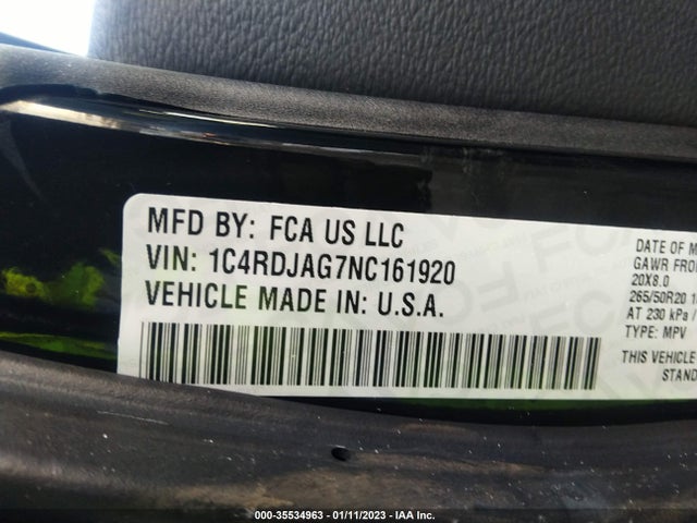 2022 Dodge Durango, VIN: 1C4RDJAG7NC161920