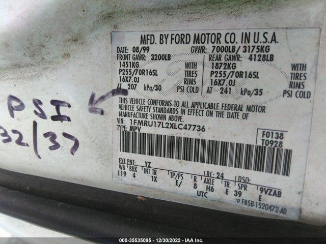 1999 FORD EXPEDITION XLT/EDDIE BAUER VIN: 1FMRU17L2XLC47736