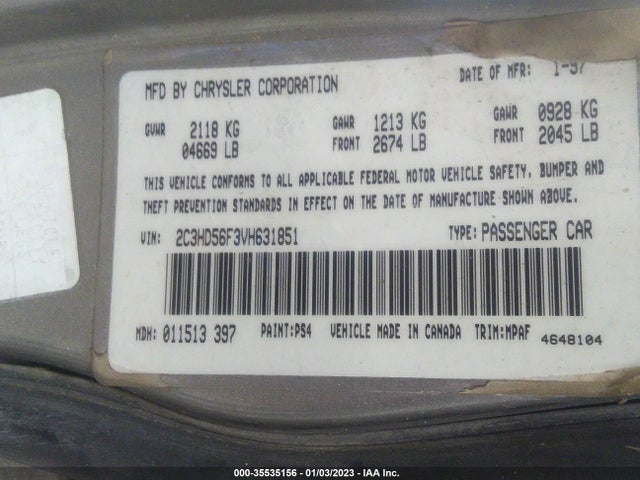 1997 CHRYSLER CONCORDE VIN: 2C3HD56F3VH631851