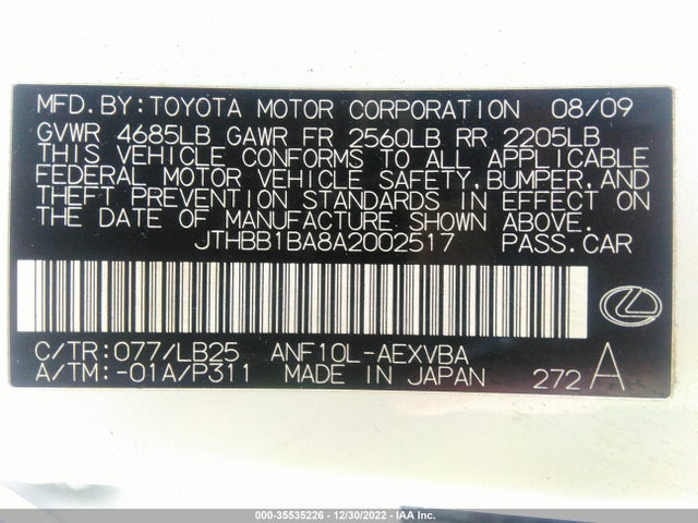 Lexus HS 250H 2010 JTHBB1BA8A2002517 Image 10
