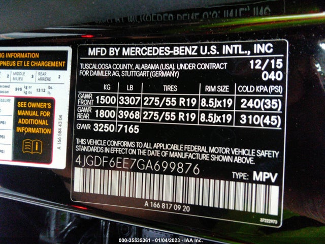 2016 Mercedes-Benz GL-Class, VIN: 4JGDF6EE7GA699876