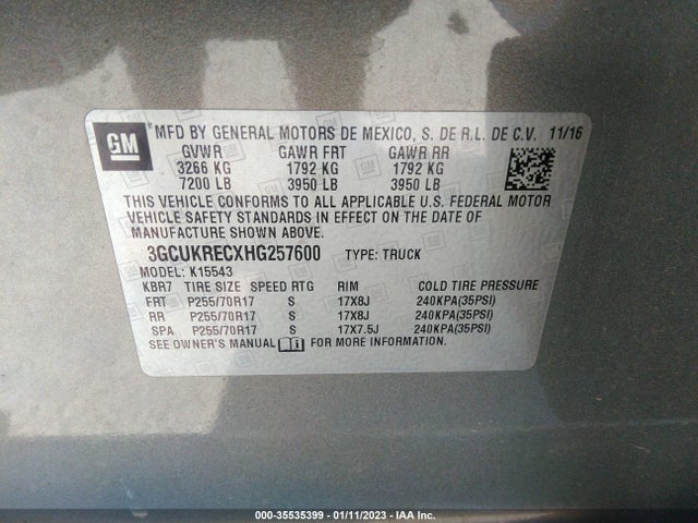2017 CHEVROLET SILVERADO 1500 LT VIN: 3GCUKRECXHG257600