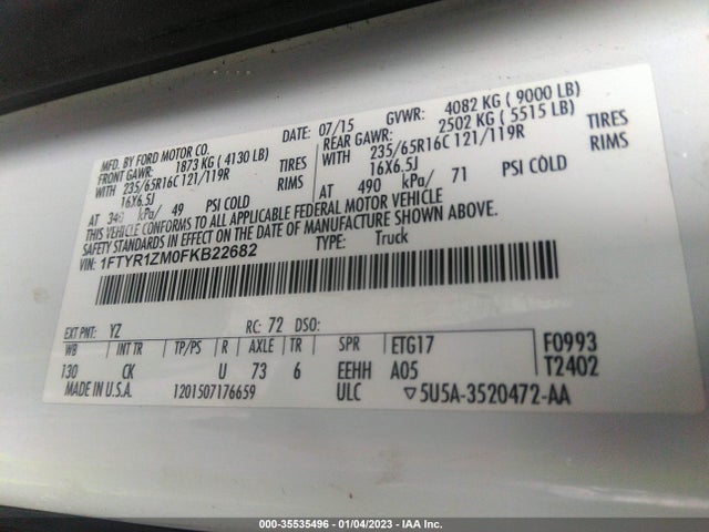 Ford TRANSIT CARGO VAN 2015 1FTYR1ZM0FKB22682 Image 10