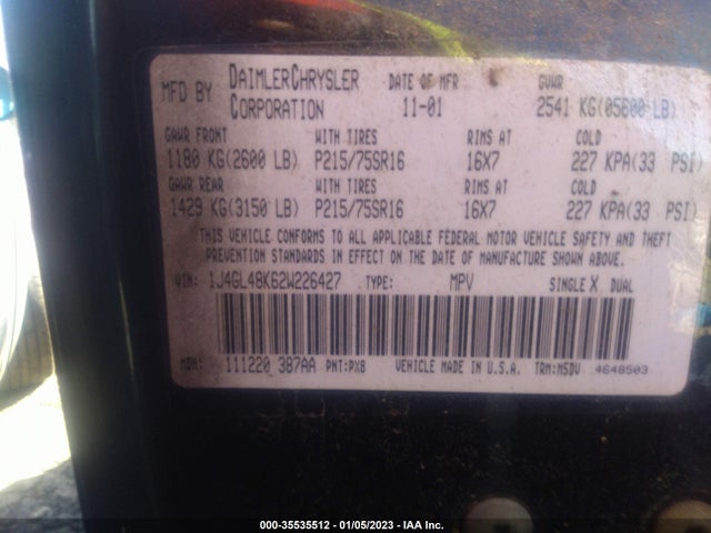 2002 JEEP LIBERTY SPORT VIN: 1J4GL48K62W226427