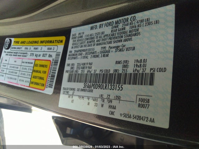 2020 FORD FUSION TITANIUM VIN: 3FA6P0D90LR133155
