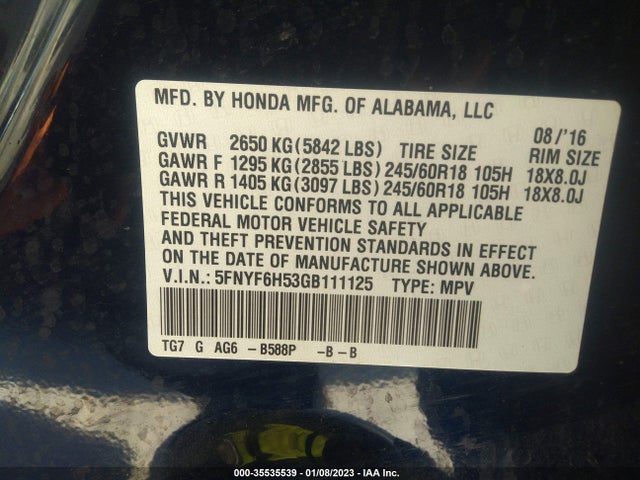 2016 Honda Pilot, VIN: 5FNYF6H53GB111125