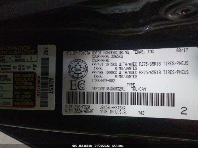 2018 Toyota Tundra, VIN: 5TFDY5F18JX683291