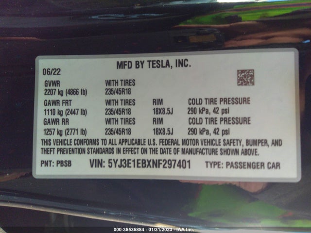 Tesla Model 3 Long Range 2022 5YJ3E1EBXNF297401 Image 9