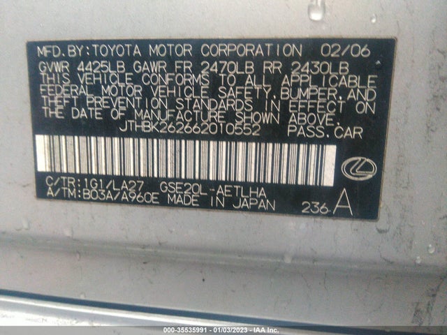 JTHBK262662010552 Lexus Is 250 Auto