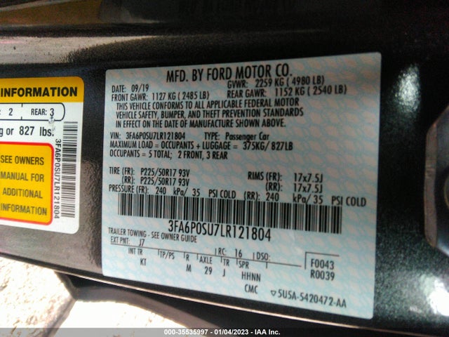 2020 Ford Fusion, VIN: 3FA6P0SU7LR121804