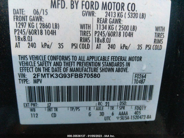 2015 Ford Edge, VIN: 2FMTK3G93FBB70580