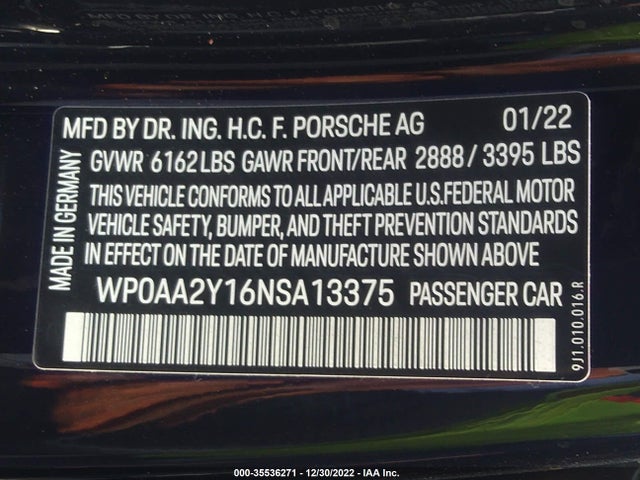 2022 Porsche Taycan, VIN: WP0AA2Y16NSA13375