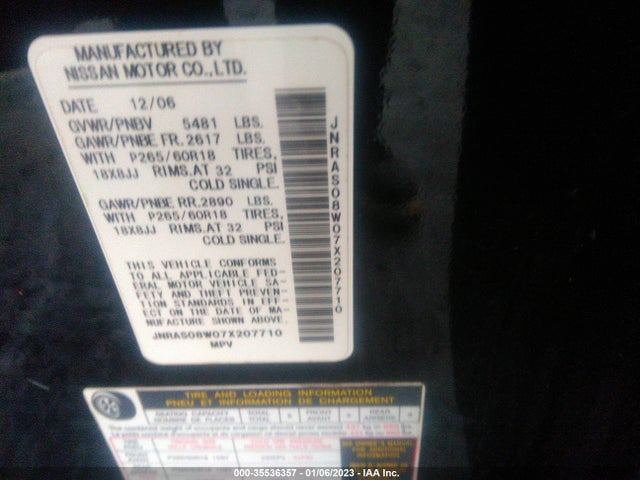 2007 INFINITI FX35 VIN: JNRAS08W07X207710