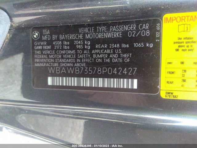 2008 BMW 3 SERIES 335I VIN: WBAWB73578P042427
