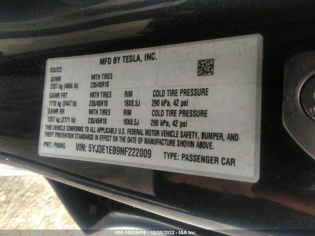 Tesla Model 3 Long Range 2022 5YJ3E1EB9NF222009 Image 9