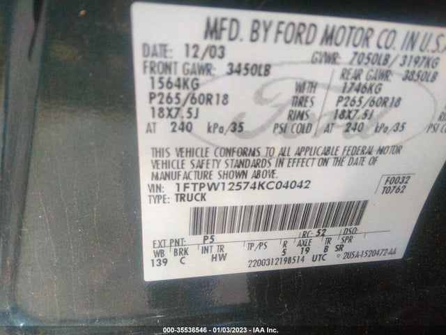 2004 FORD F-150 XLT/LARIAT VIN: 1FTPW12574KC04042
