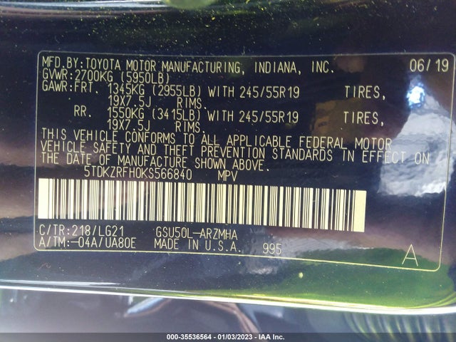 Toyota Highlander Se/xle 2019 5TDKZRFH0KS566840 Image 9
