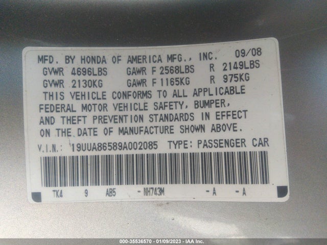 2009 Acura Tl Tech მანქანა იყიდება აუქციონზე, vin: 19UUA86589A002085, აუქციონის ნომერი: 35536570