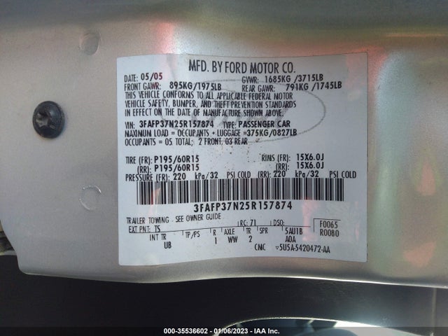 2005 FORD FOCUS S/SE/SES VIN: 3FAFP37N25R157874