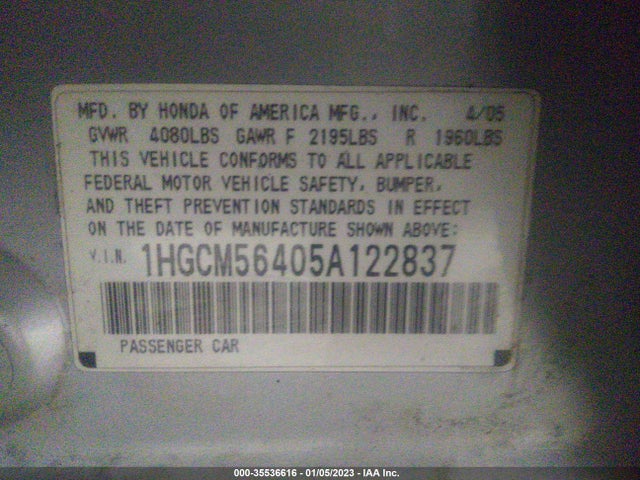 2005 HONDA ACCORD SDN LX VIN: 1HGCM56405A122837