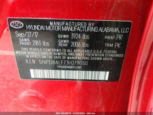 2018 HYUNDAI ELANTRA SEL VIN: 5NPD84LF7JH279050