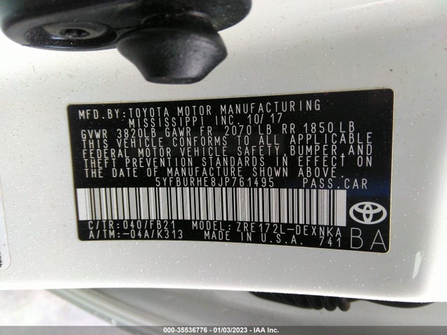 2018 TOYOTA COROLLA L/LE/XLE/SE/XSE VIN: 5YFBURHE8JP761495
