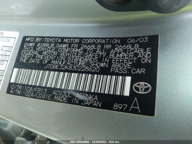 2003 TOYOTA CAMRY LE/SE/XLE VIN: JTDBE32K830228620
