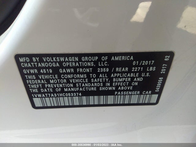 2017 Volkswagen Passat, VIN: 1VWAT7A31HC053374