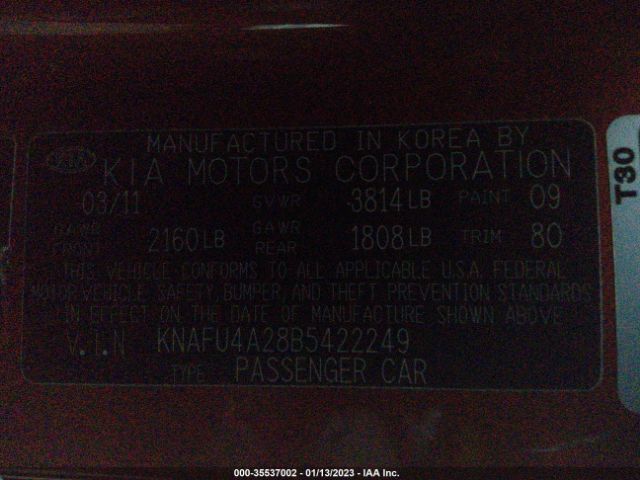 KNAFU4A28B5422249 KIA FORTE EX