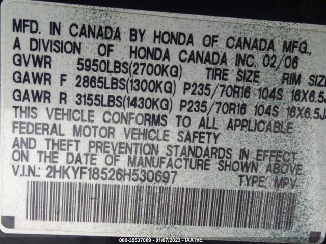 2006 HONDA PILOT EX-L VIN: 2HKYF18526H530697