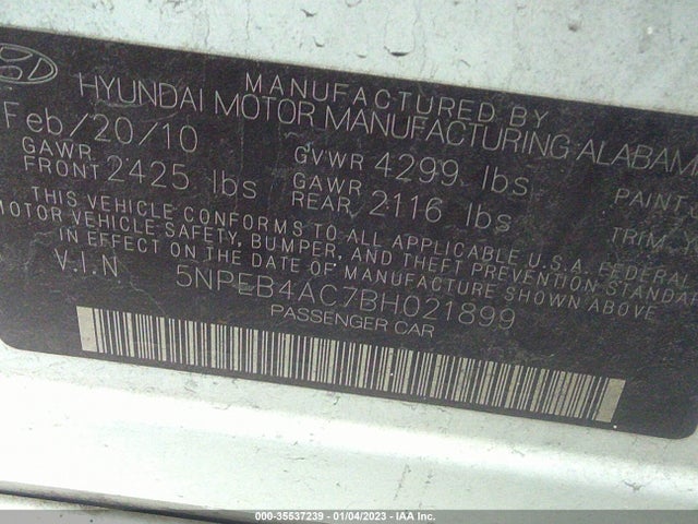 2011 HYUNDAI SONATA GLS VIN: 5NPEB4AC7BH021899