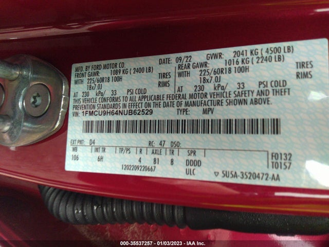 2022 Ford Escape, VIN: 1FMCU9H64NUB62529
