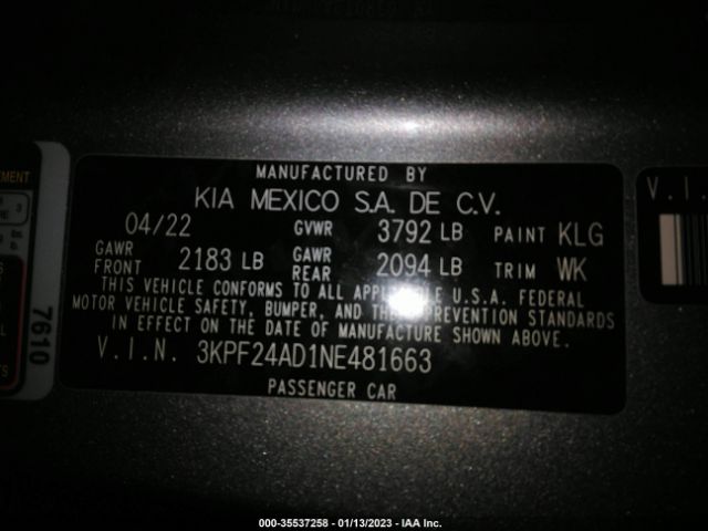3KPF24AD1NE481663 KIA Forte Lxs