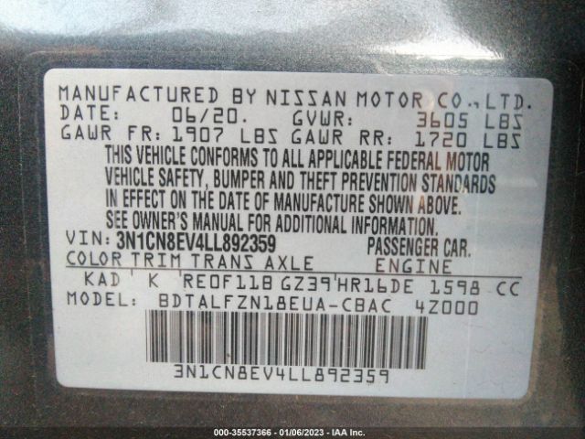 3N1CN8EV4LL892359 Nissan VERSA SV