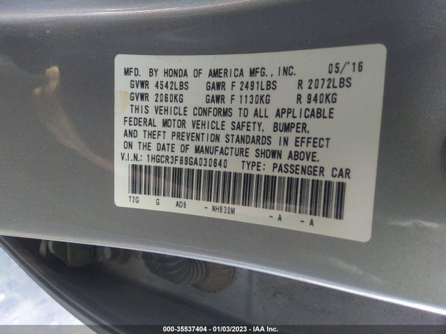 2016 HONDA ACCORD SEDAN EX-L VIN: 1HGCR3F89GA030640