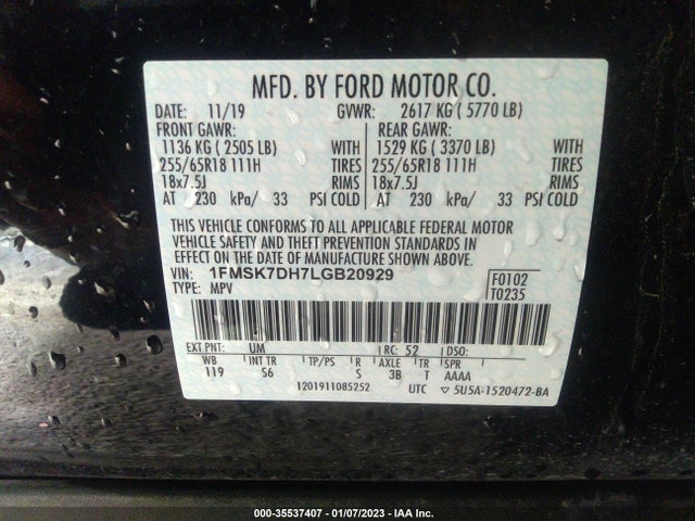 2020 Ford Explorer Xlt მანქანა იყიდება აუქციონზე, vin: 1FMSK7DH7LGB20929, აუქციონის ნომერი: 35537407