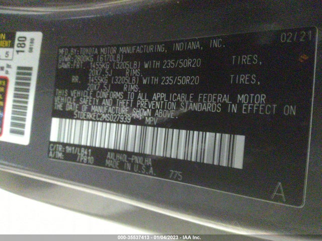 2021 Toyota Sienna, VIN: 5TDERKEC2MS027939