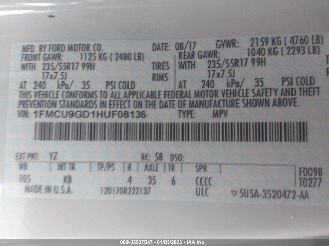 2017 Ford Escape, VIN: 1FMCU9GD1HUF08136