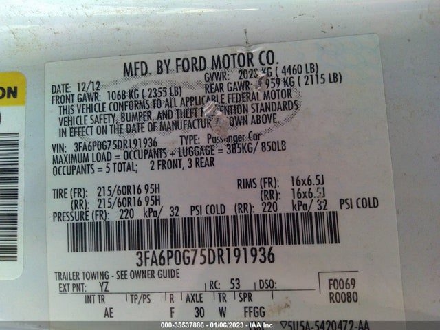 2013 FORD FUSION S VIN: 3FA6P0G75DR191936