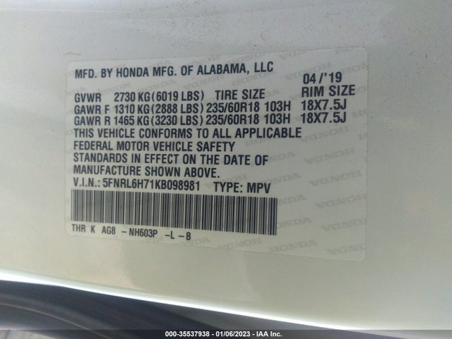 2019 HONDA ODYSSEY EX-L VIN: 5FNRL6H71KB098981